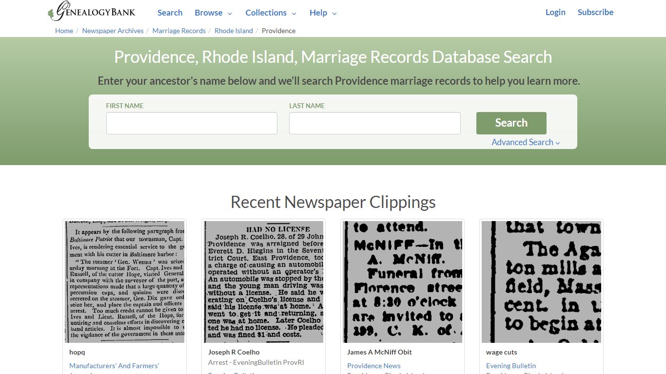 Providence, Rhode Island, Marriage Records Online Search - GenealogyBank